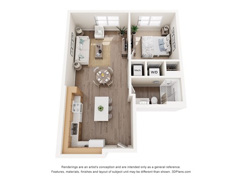 Floor plan for 1 bed, 1 bath, 695 sqft